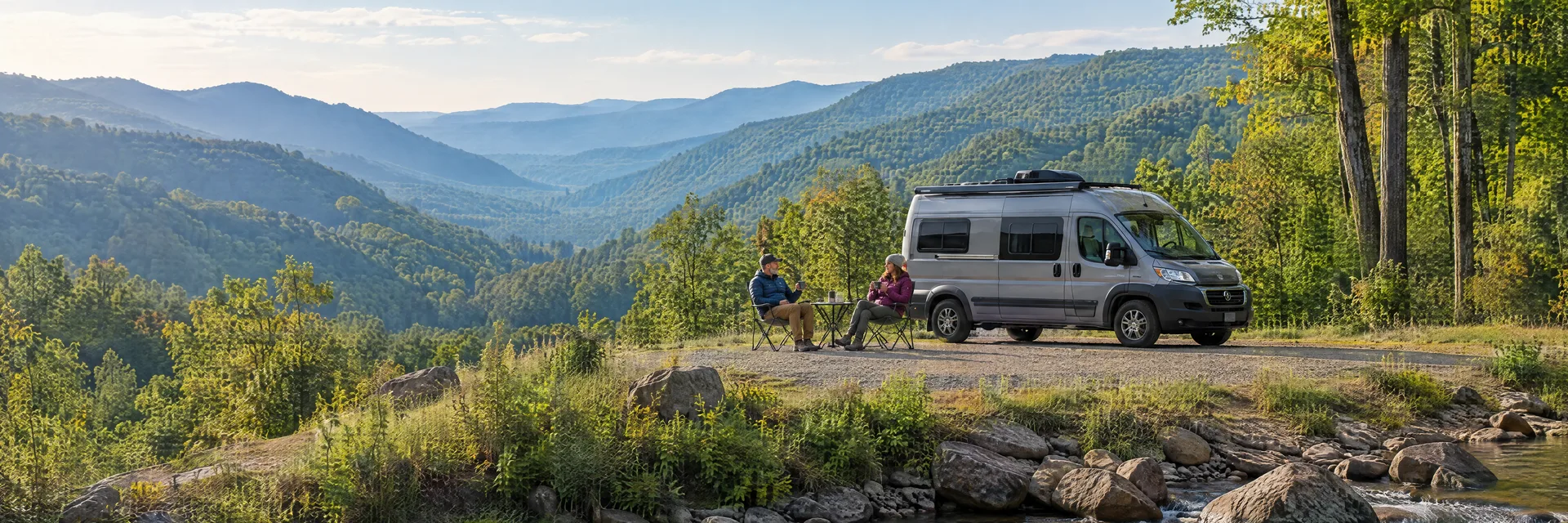 Illustration of campers enjoying morning coffee beside a camper van in a fictional camping setting inspired by Elkins, WV.