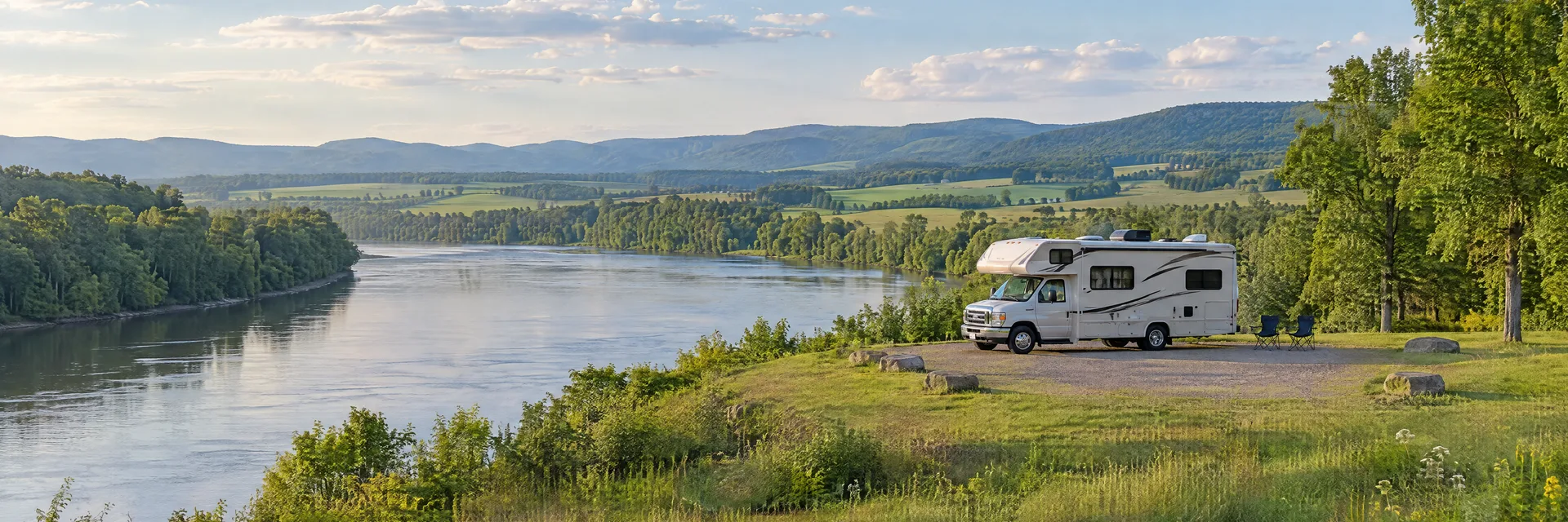 Illustration of a Class C motorhome at a fictional camping setting inspired by Falling Waters, WV.