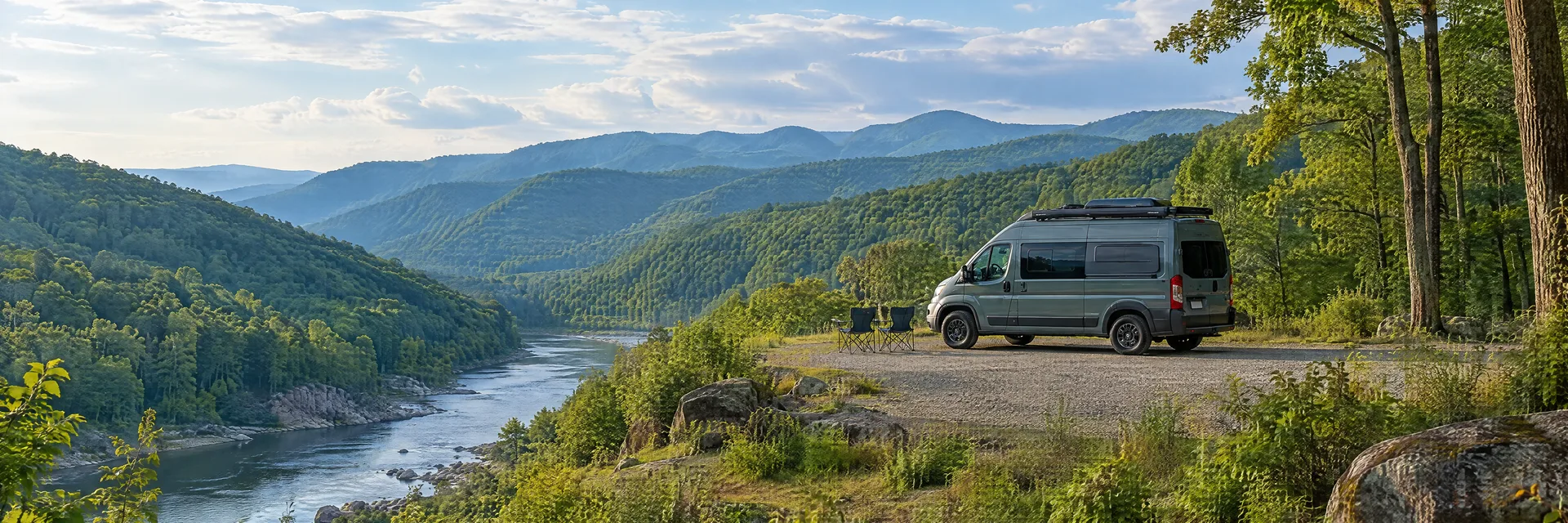 Illustration of a camper van at a fictional camping setting inspired by Fayetteville, WV.