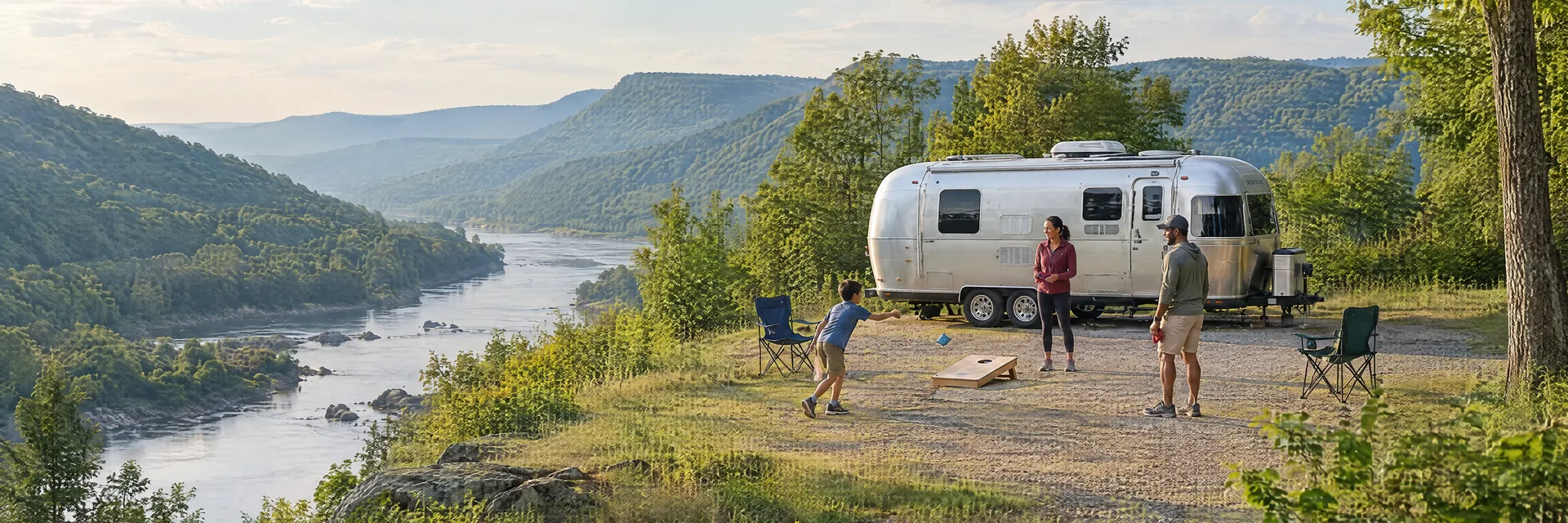 Illustration of campers enjoying family campsite activities beside a rounded silver travel trailer in a fictional camping setting inspired by Harpers Ferry, WV.