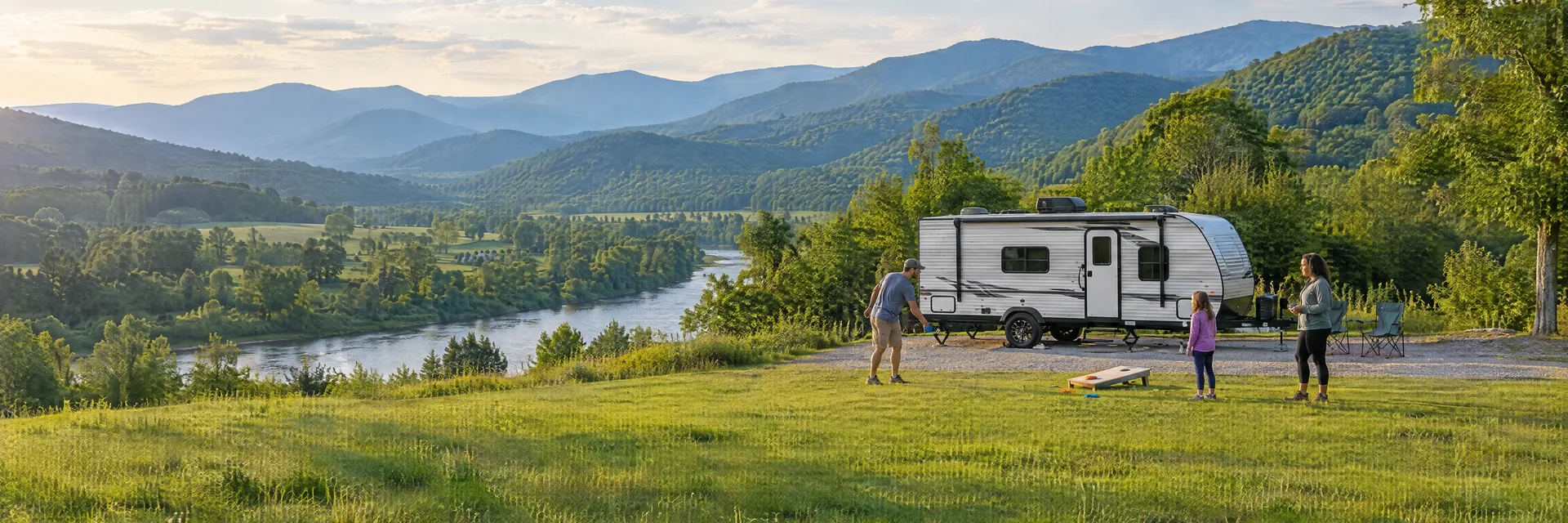 Illustration of campers enjoying family campsite activities beside a compact travel trailer in a fictional camping setting inspired by Lewisburg, WV.
