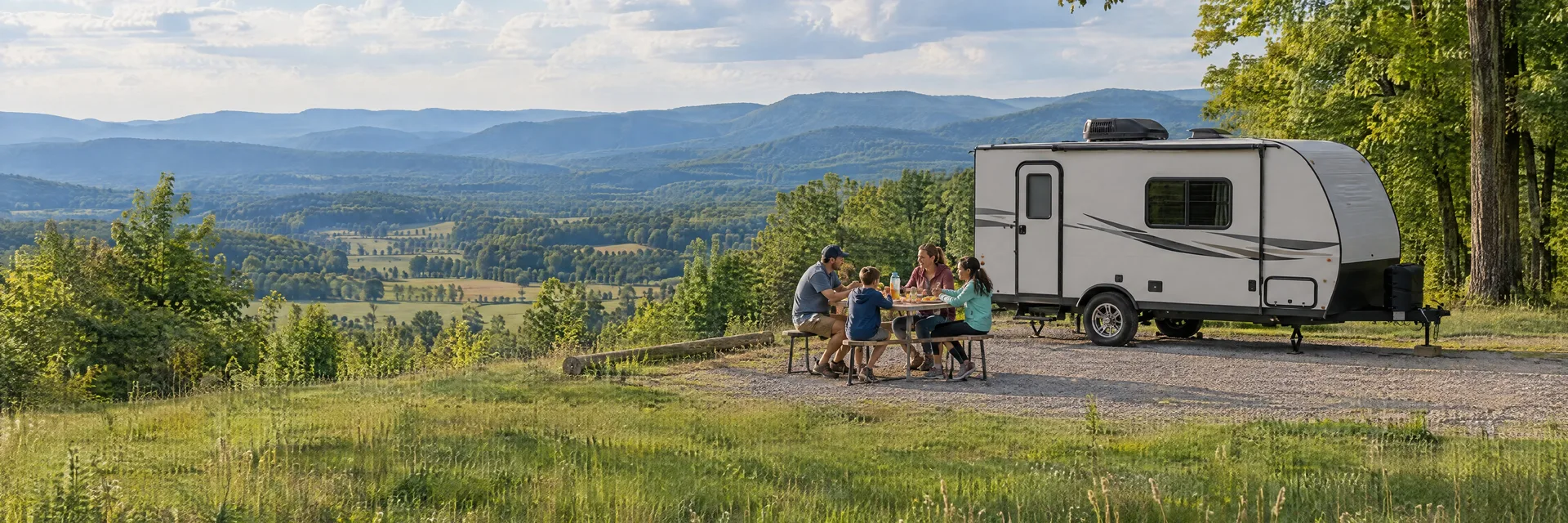 Illustration of campers enjoying a family picnic beside a compact travel trailer in a fictional camping setting inspired by Martinsburg, WV.