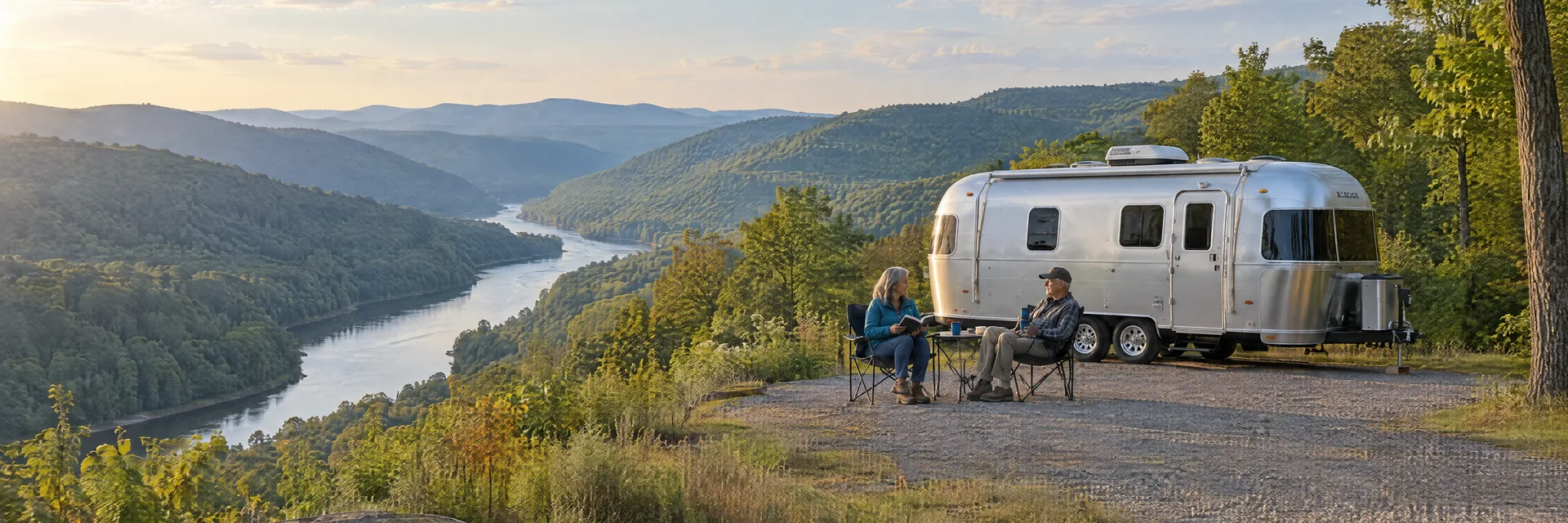 Illustration of campers enjoying relaxing at camp beside a rounded silver travel trailer in a fictional camping setting inspired by Morgantown, WV.