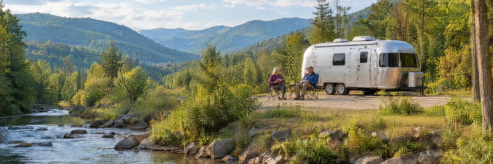 Illustration of campers enjoying relaxing at camp beside a rounded silver travel trailer in a fictional camping setting inspired by Seneca Rocks, WV.