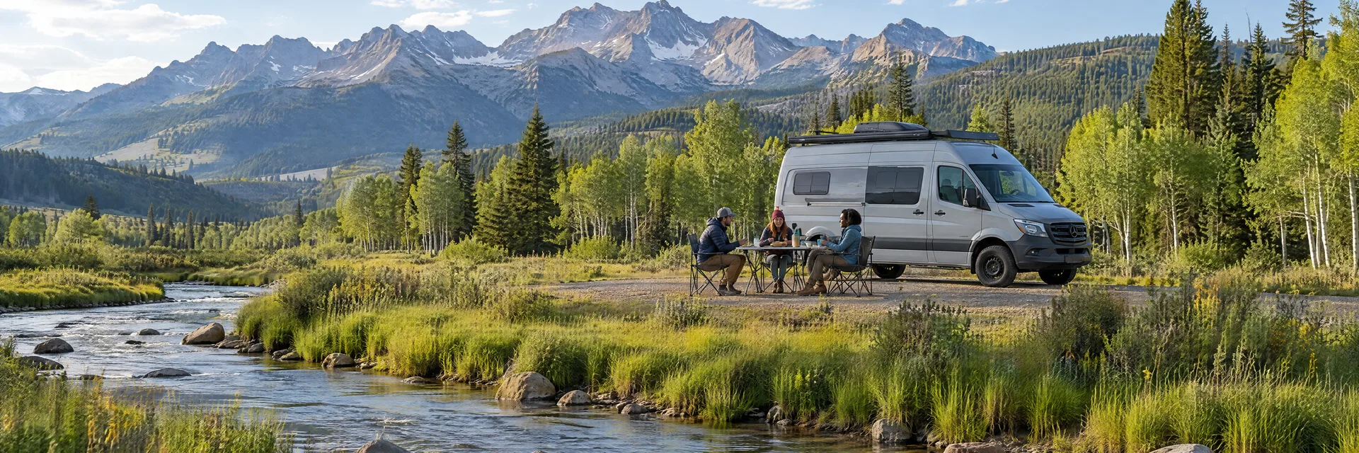 Illustration of campers enjoying an outdoor meal beside a camper van in a fictional camping setting inspired by Alpine, WY.
