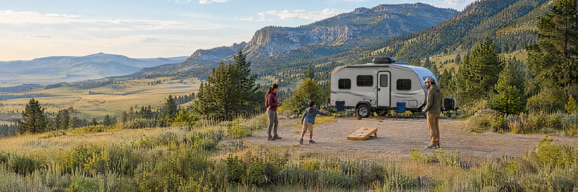 Illustration of campers enjoying family campsite activities beside a compact travel trailer in a fictional camping setting inspired by Buffalo, WY.