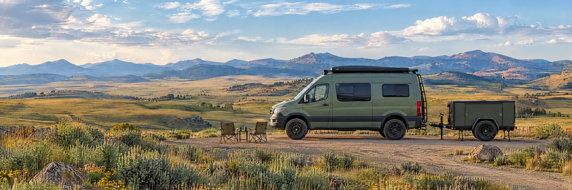 Illustration of a sage-green modern campervan at a fictional camping setting inspired by Cheyenne, WY.