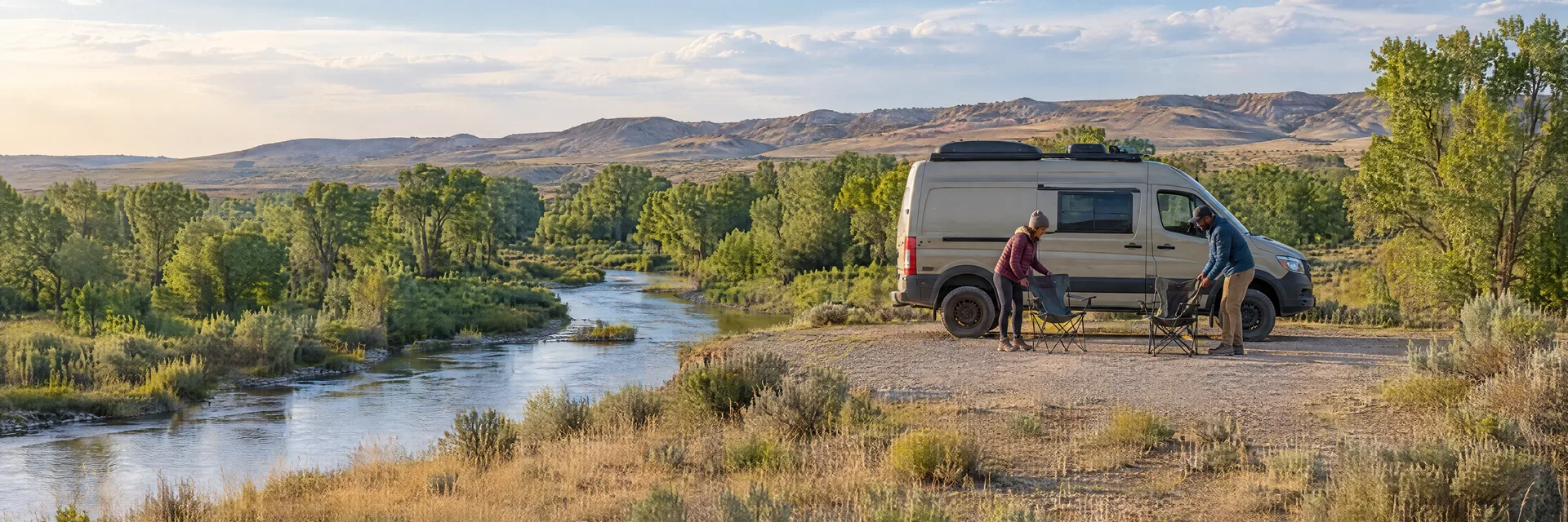 Illustration of campers enjoying setting up camp beside a camper van in a fictional camping setting inspired by Douglas, WY.