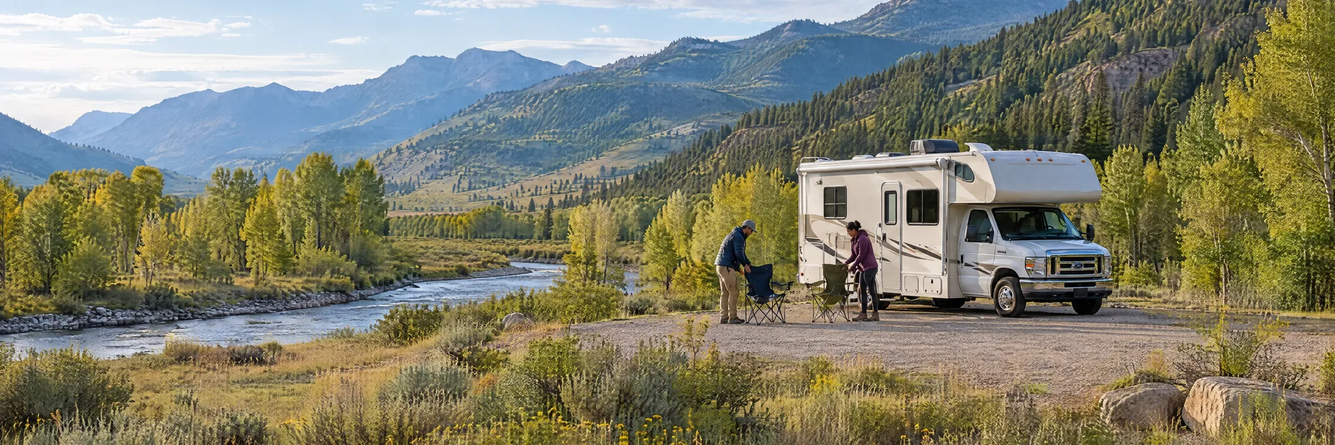 Illustration of campers enjoying setting up camp beside a Class C motorhome in a fictional camping setting inspired by Hoback, WY.