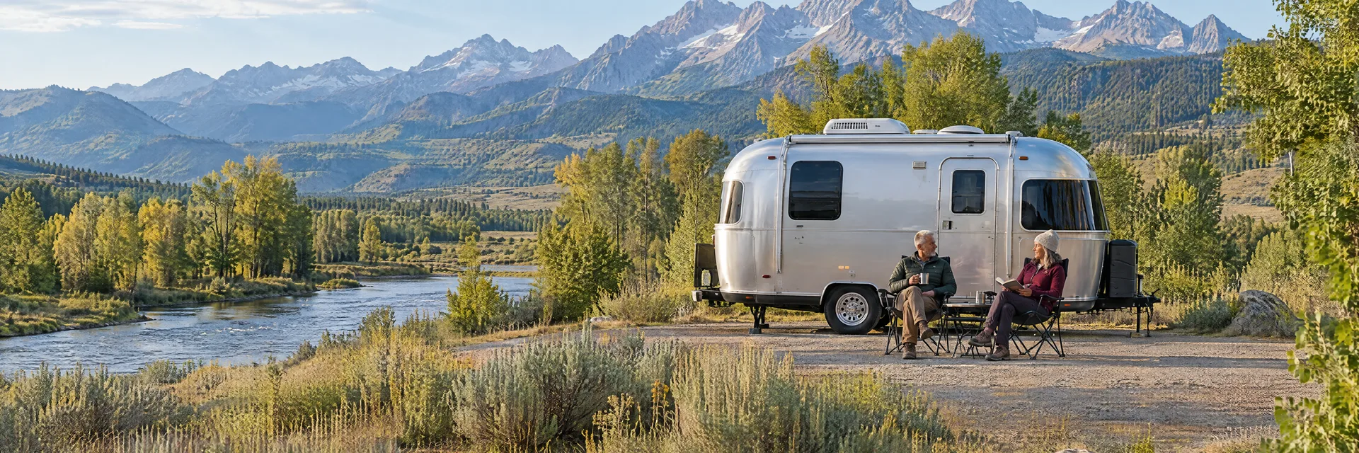 Illustration of campers enjoying relaxing at camp beside a rounded silver travel trailer in a fictional camping setting inspired by Jackson, WY.