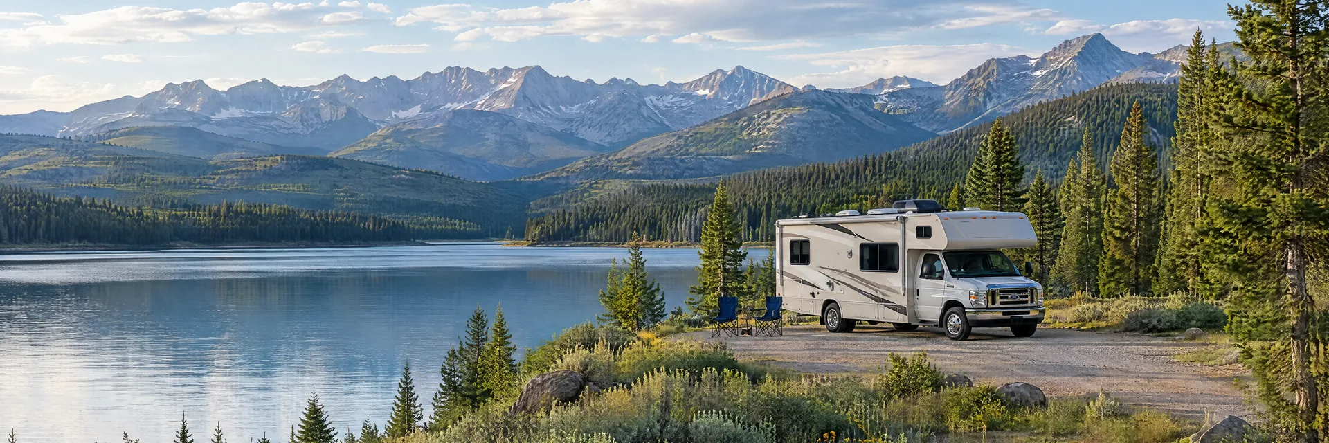 Illustration of a Class C motorhome at a fictional camping setting inspired by Moran, WY.