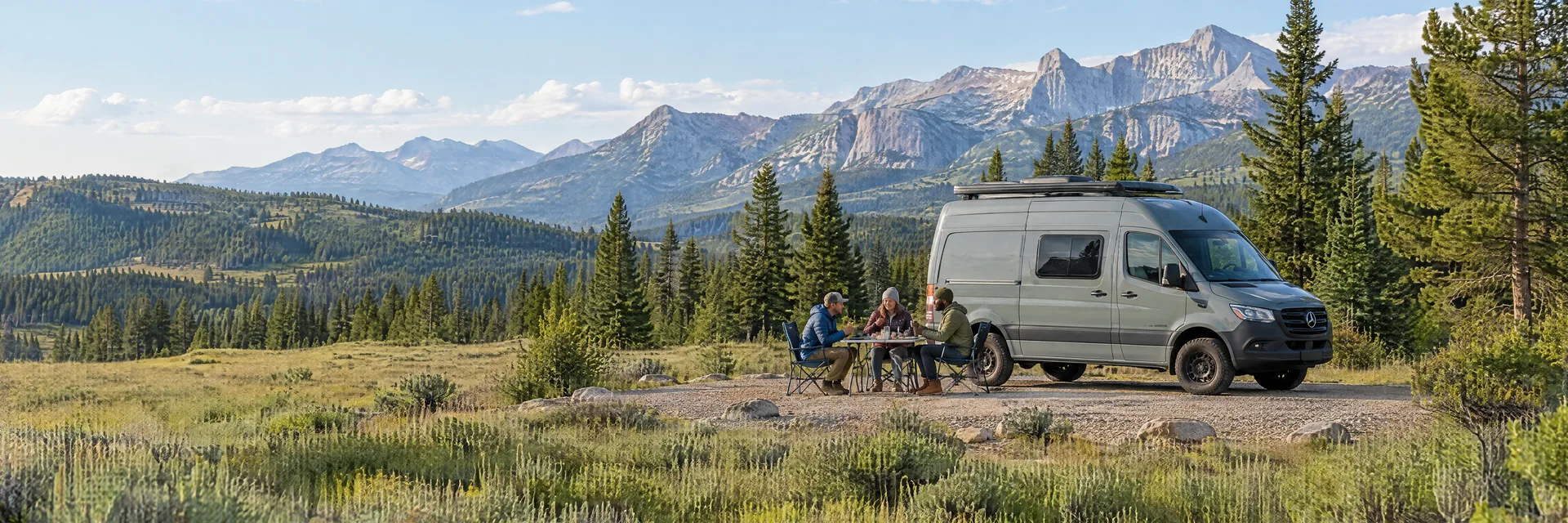 Illustration of campers enjoying an outdoor meal beside a camper van in a fictional camping setting inspired by Ryan Park, WY.