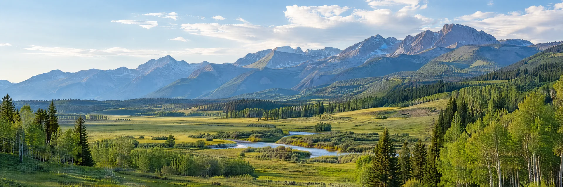 Illustration inspired by Star Valley Ranch, WY: western Wyoming mountain valley, broad green meadow, aspen and conifer groves and distant rugged mountain ridges.