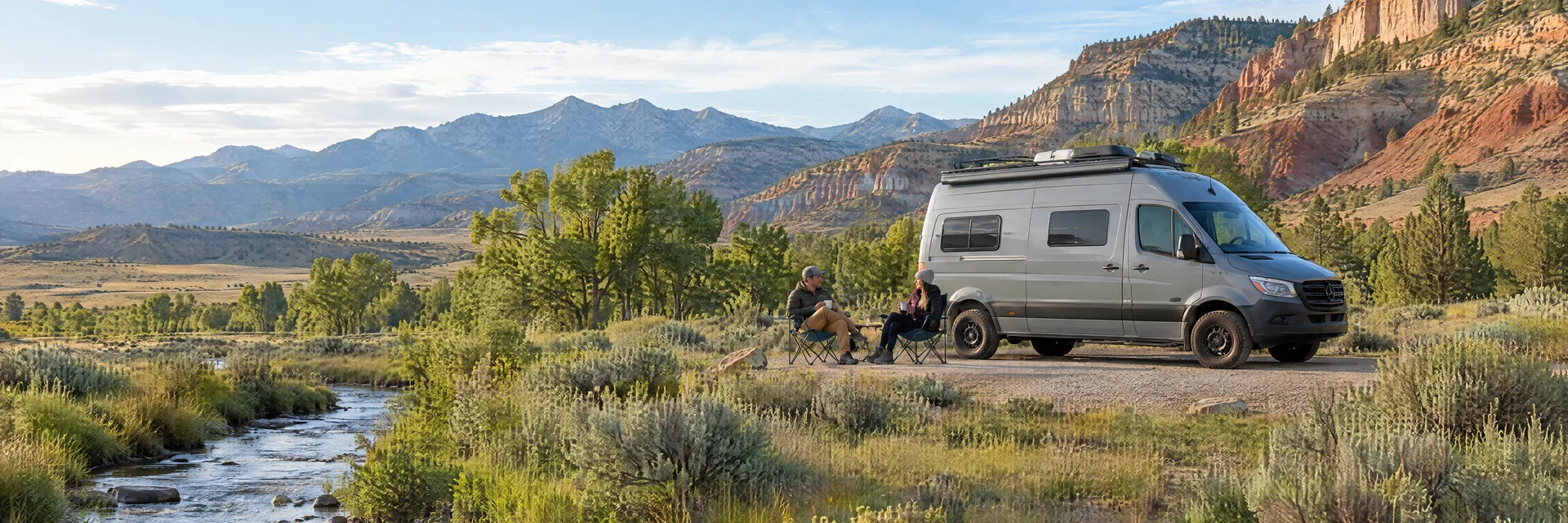 Illustration of campers enjoying morning coffee beside a camper van in a fictional camping setting inspired by Ten Sleep, WY.