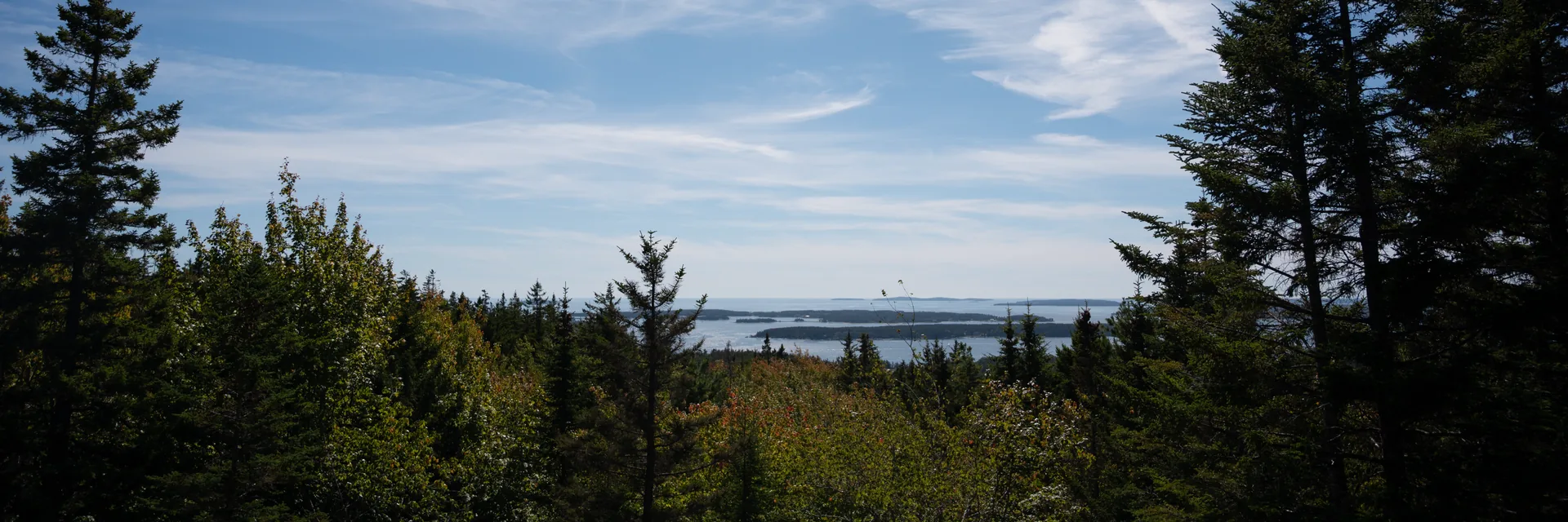 Forested slopes and distant coastal islands seen from Day Mountain in Acadia National Park.