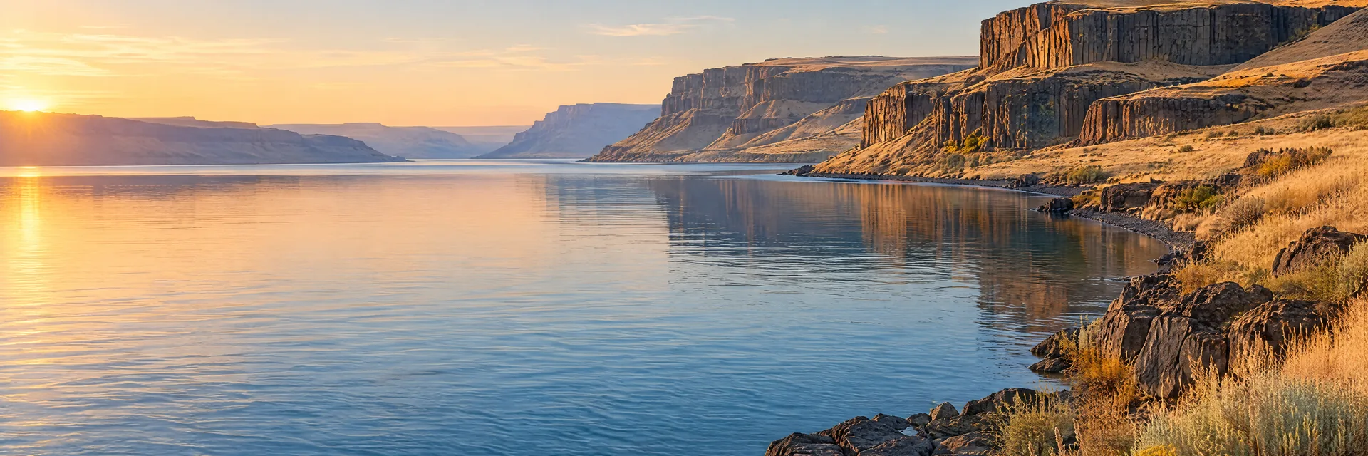AI-generated illustration inspired by Banks Lake: eastern Washington coulee reservoir, basalt cliffs, dry golden grassland.
