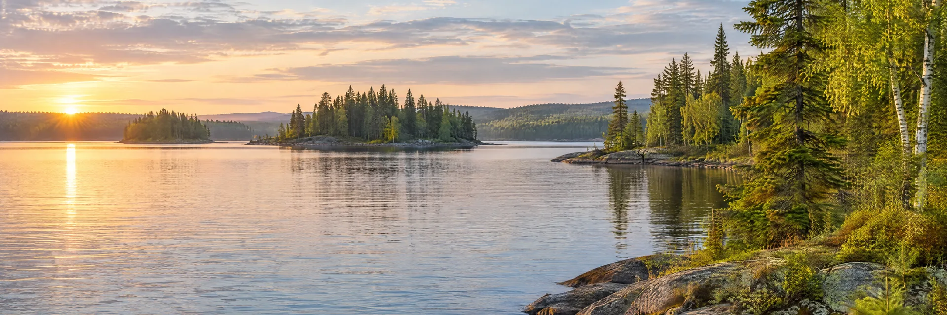 AI-generated illustration inspired by Basswood Lake: northern freshwater lake, low rocky shoreline with evergreen and birch forest, small wooded islands and gentle rolling terrain.