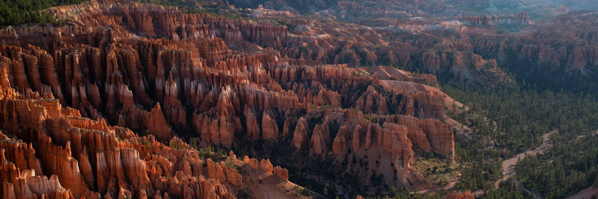 Red hoodoos and forested plateaus in Bryce Canyon National Park.