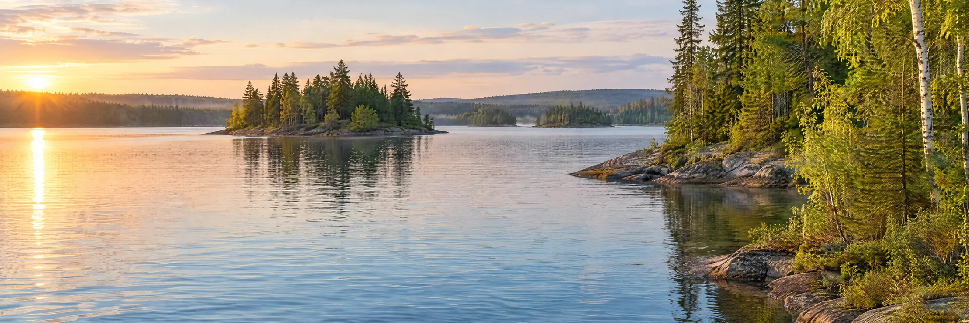AI-generated illustration inspired by Burt Lake: northern freshwater lake, low rocky shoreline with evergreen and birch forest, small wooded islands and gentle rolling terrain.