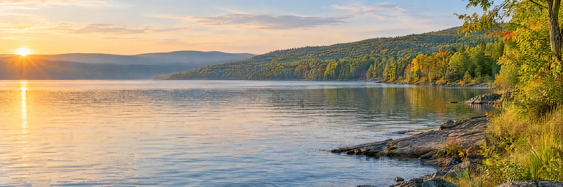 AI-generated illustration inspired by Canandaigua Lake: northeastern freshwater lake with rolling wooded hills, mixed deciduous forest, natural rocky and grassy banks.