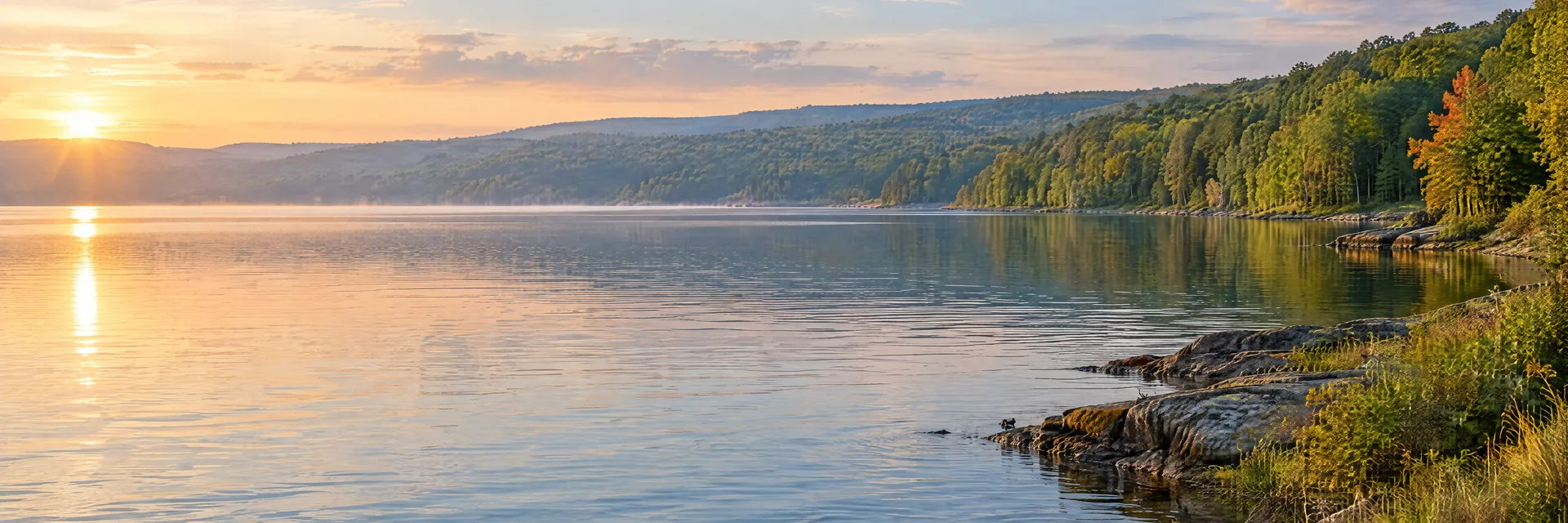 AI-generated illustration inspired by Cayuga Lake: northeastern freshwater lake with rolling wooded hills, mixed deciduous forest, natural rocky and grassy banks.