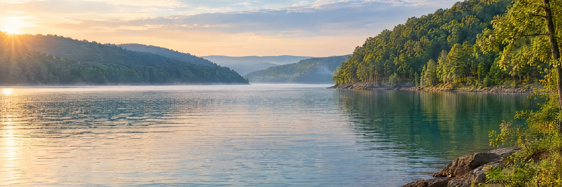 AI-generated illustration inspired by Center Hill Lake: wooded highland reservoir, steep rounded hardwood-covered hills, blue-green water.