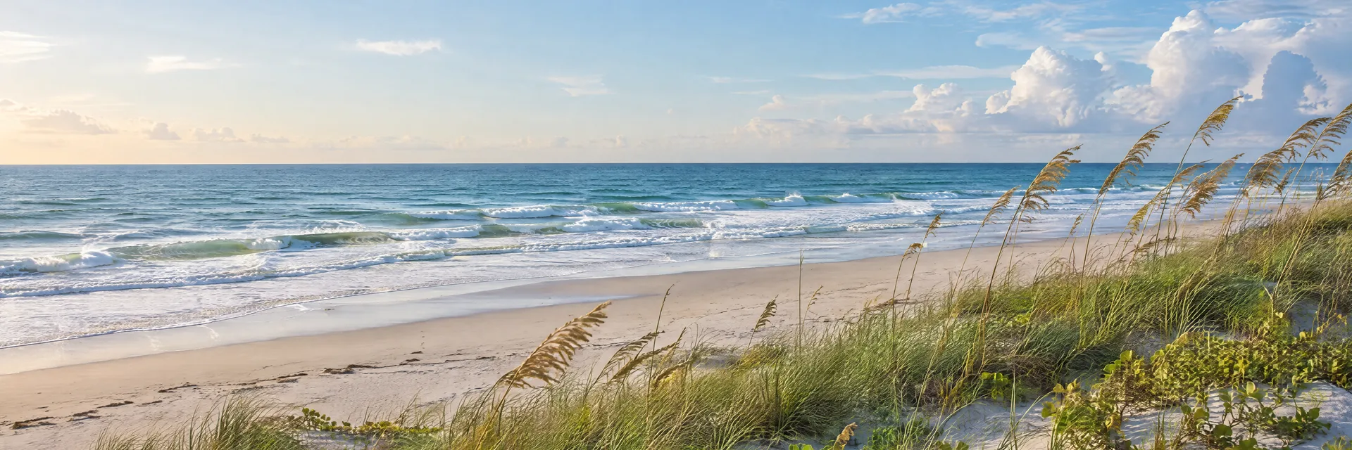 Illustration inspired by Cocoa Beach, FL: florida Atlantic sandy shore, rolling surf and low sea-oat dunes.