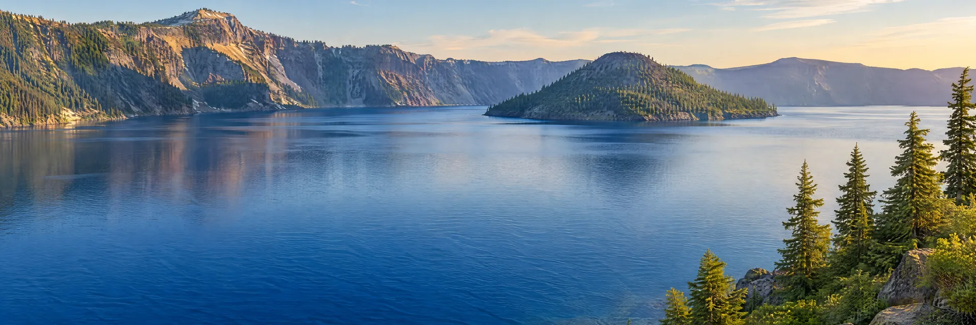 AI-generated illustration inspired by Crater Lake: deep sapphire volcanic caldera lake, steep forested rim and distant modest volcanic island.