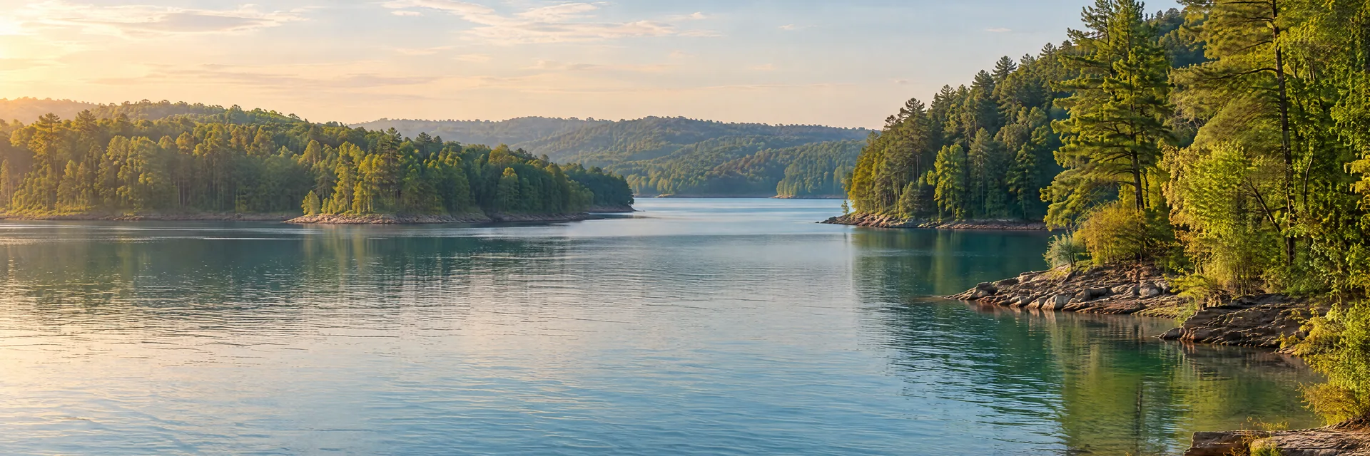 AI-generated illustration inspired by Dale Hollow Reservoir: freshwater reservoir with gently rolling mixed hardwood and pine woodland, irregular coves, blue-green water.
