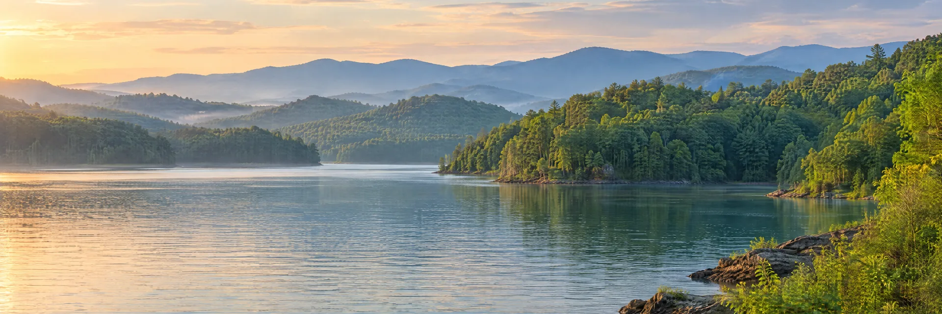 AI-generated illustration inspired by Douglas Lake: forested Appalachian foothills and irregular coves, distant soft blue rounded Smoky Mountain ridges.