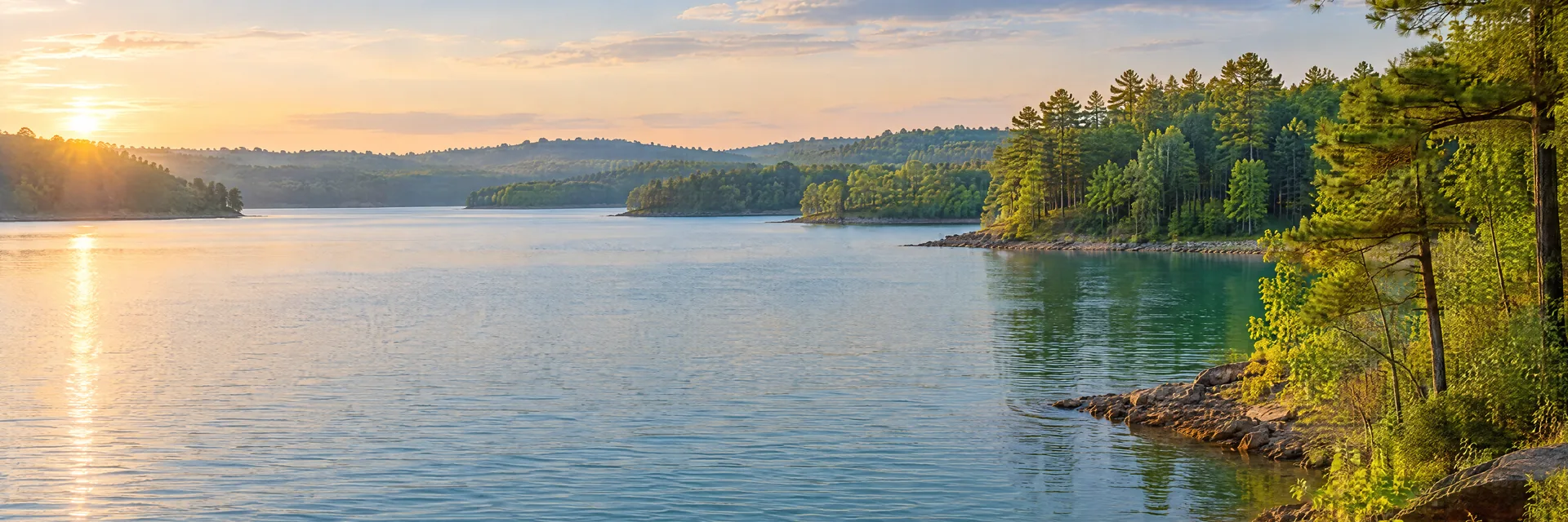 AI-generated illustration inspired by Eufaula Lake: freshwater reservoir with gently rolling mixed hardwood and pine woodland, irregular coves, blue-green water.