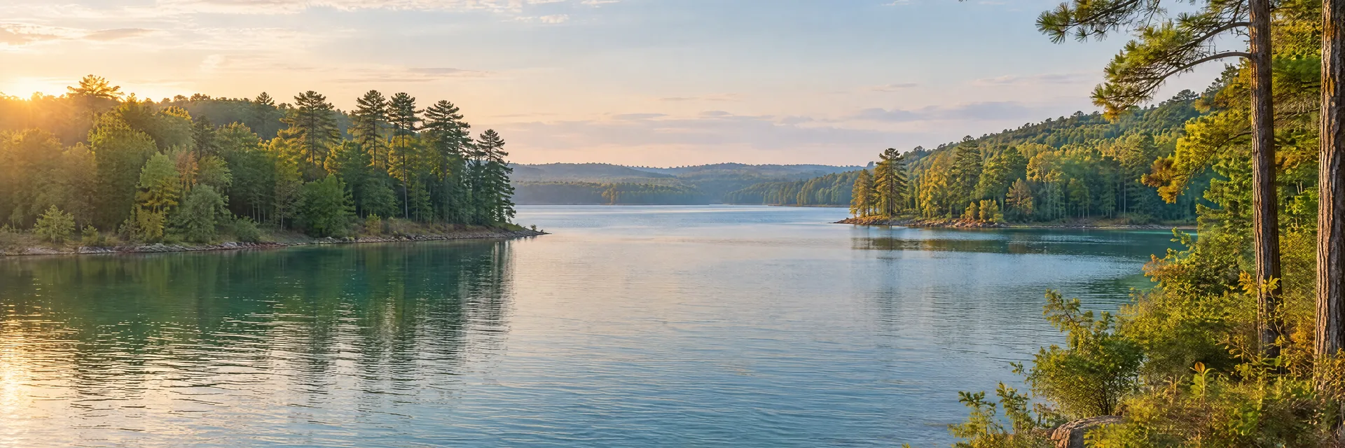 AI-generated illustration inspired by Falls Lake: freshwater reservoir with gently rolling mixed hardwood and pine woodland, irregular coves, blue-green water.