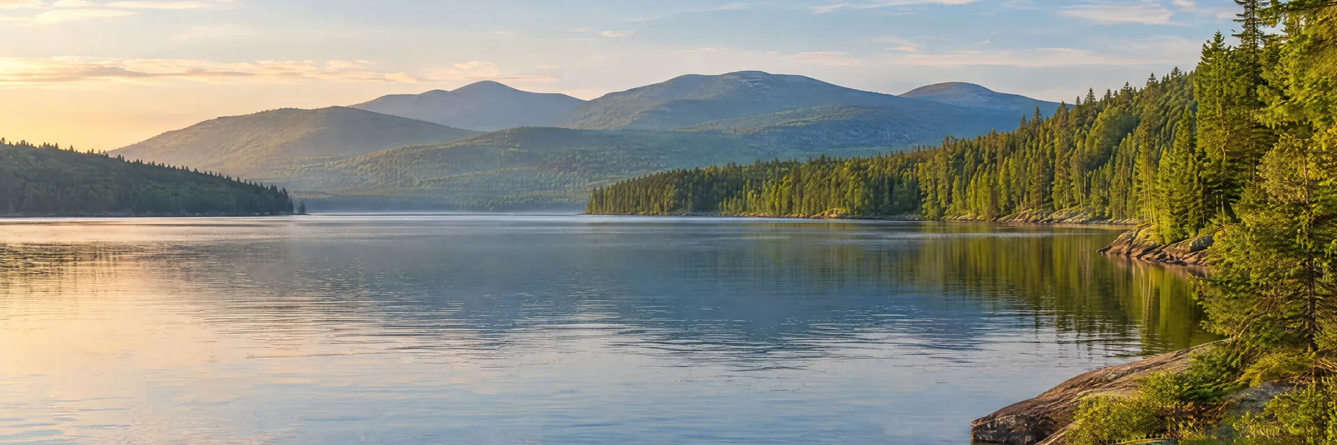 AI-generated illustration inspired by Flagstaff Lake: Maine mountain lake with densely wooded slopes and rounded distant Bigelow Range.
