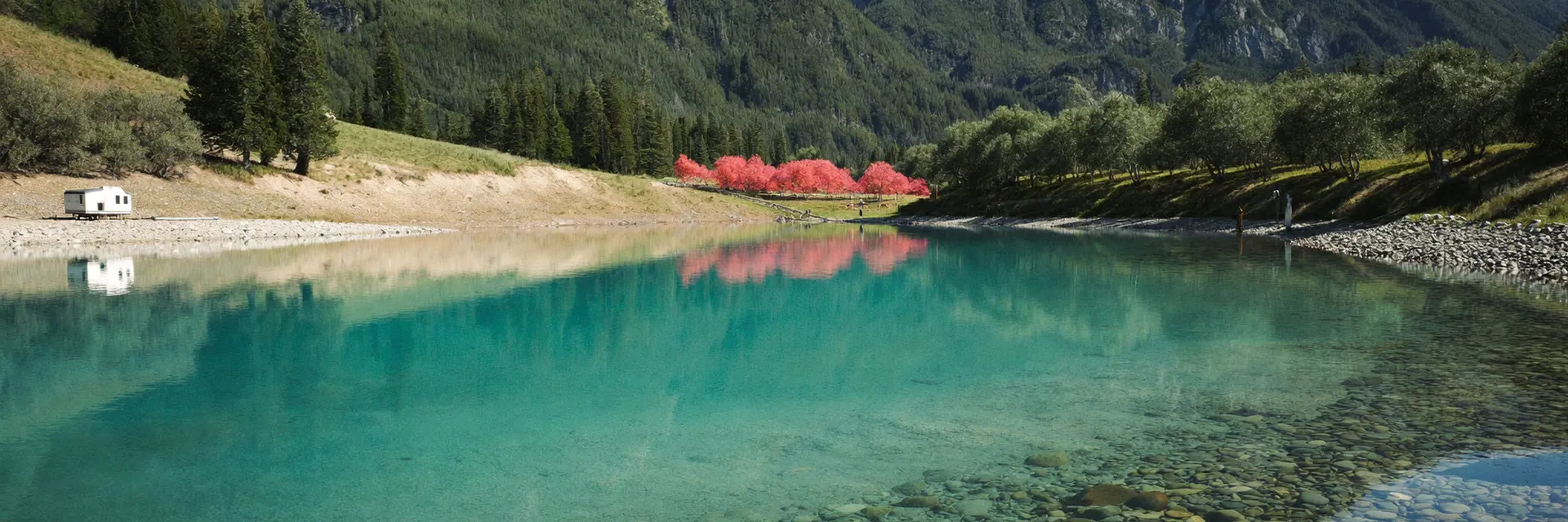 AI-generated illustration inspired by Flathead Lake, MT: vast clear turquoise glacial lake with colorful rounded pebbles at the shore, forested Mission Mountains rising across the water, cherry orchards on the hillside.