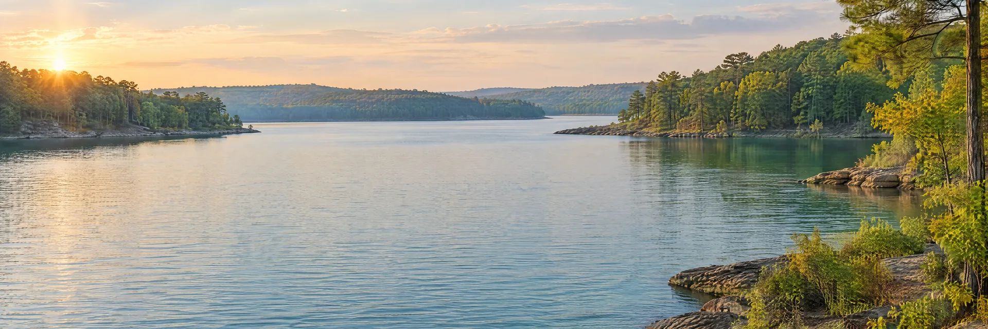 AI-generated illustration inspired by Grand Lake o' the Cherokees: freshwater reservoir with gently rolling mixed hardwood and pine woodland, irregular coves, blue-green water.