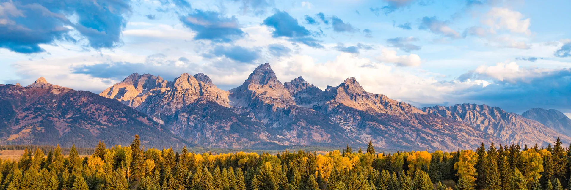 The rugged Teton Range above autumn vegetation in Grand Teton National Park.