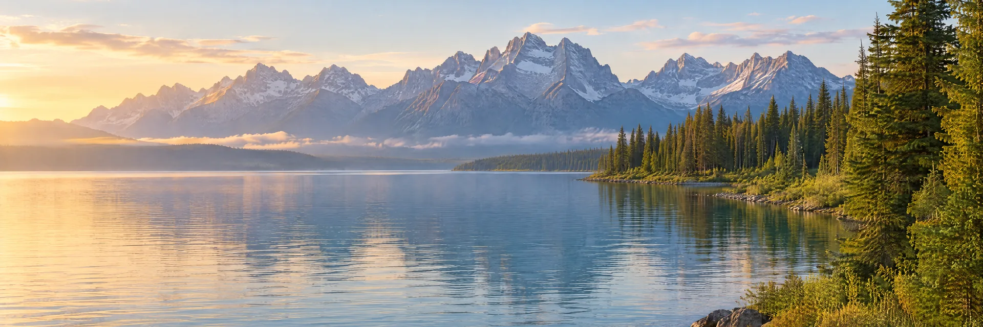 AI-generated illustration inspired by Jackson Lake: Wyoming lake with evergreen shores and distant rugged Teton mountain silhouette.