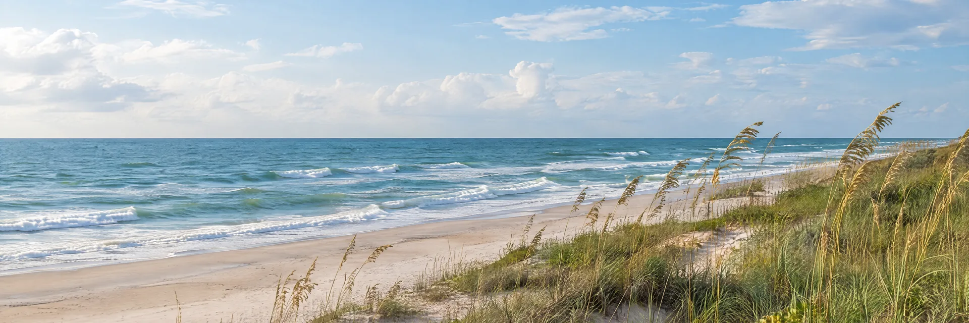 Illustration inspired by Jamaica Beach, TX: texas Gulf barrier island sandy beach, low dunes, sea oats and muted blue-green surf.