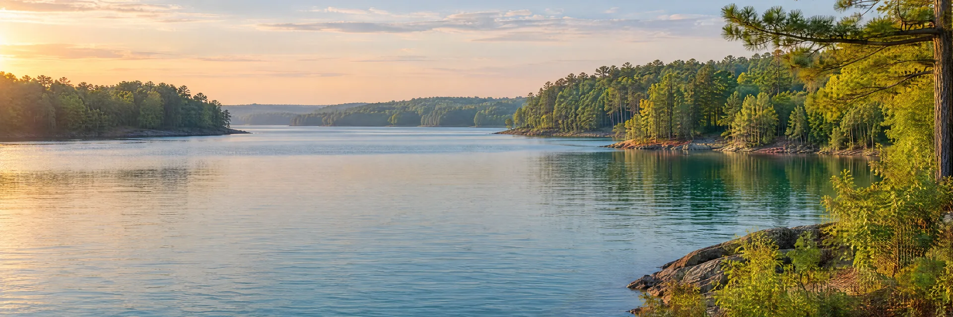 AI-generated illustration inspired by Jordan Lake: freshwater reservoir with gently rolling mixed hardwood and pine woodland, irregular coves, blue-green water.