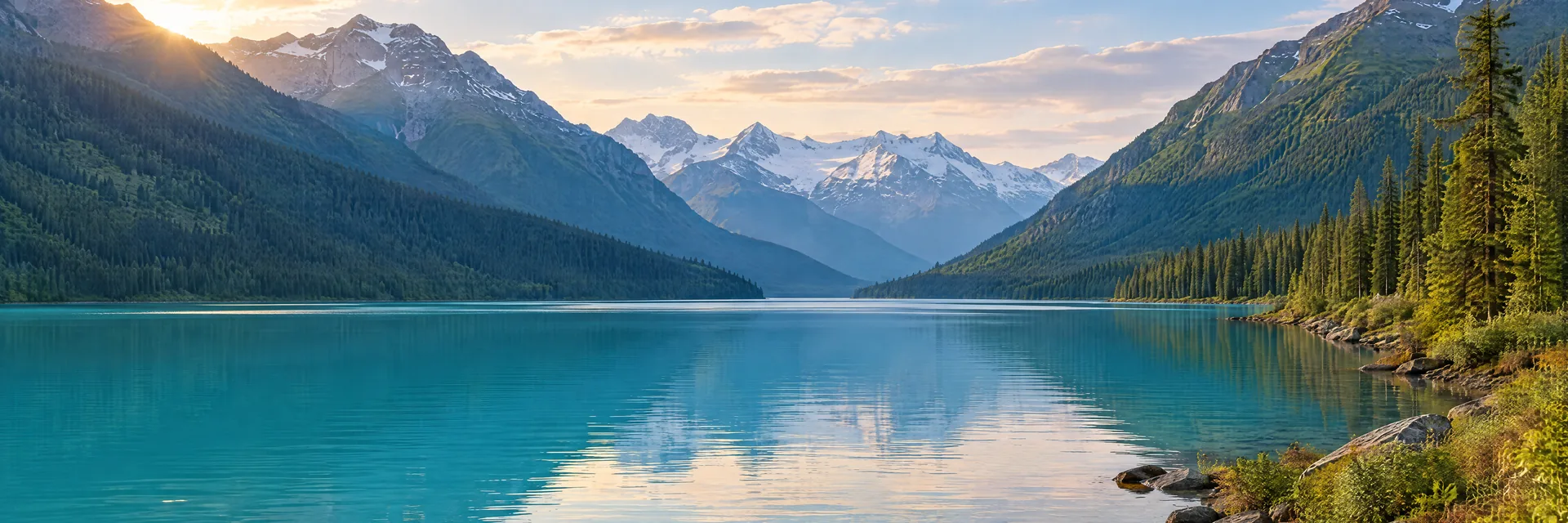 AI-generated illustration inspired by Kenai Lake: turquoise glacial lake between steep forested Alaskan mountains.