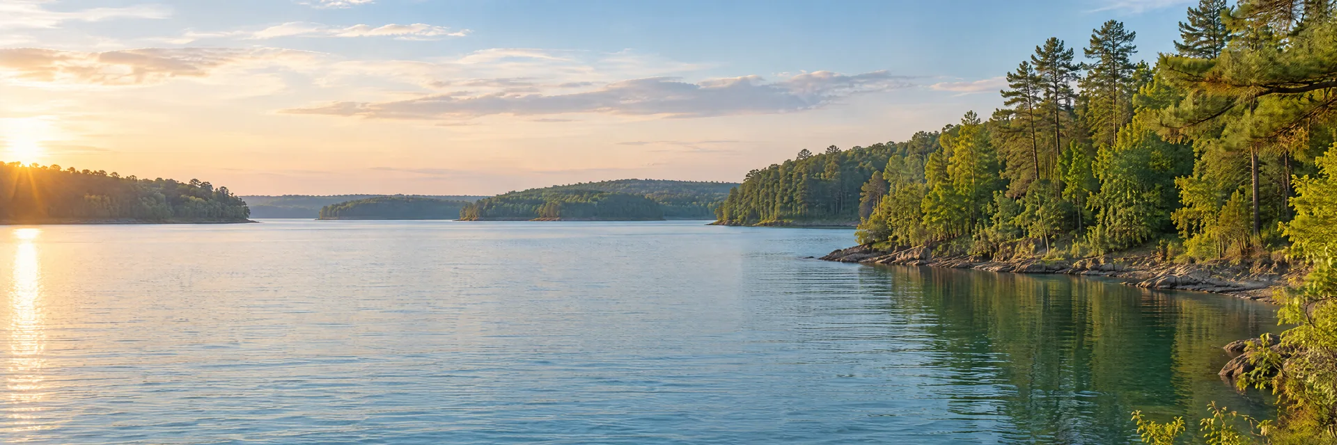 AI-generated illustration inspired by Kentucky Lake: freshwater reservoir with gently rolling mixed hardwood and pine woodland, irregular coves, blue-green water.
