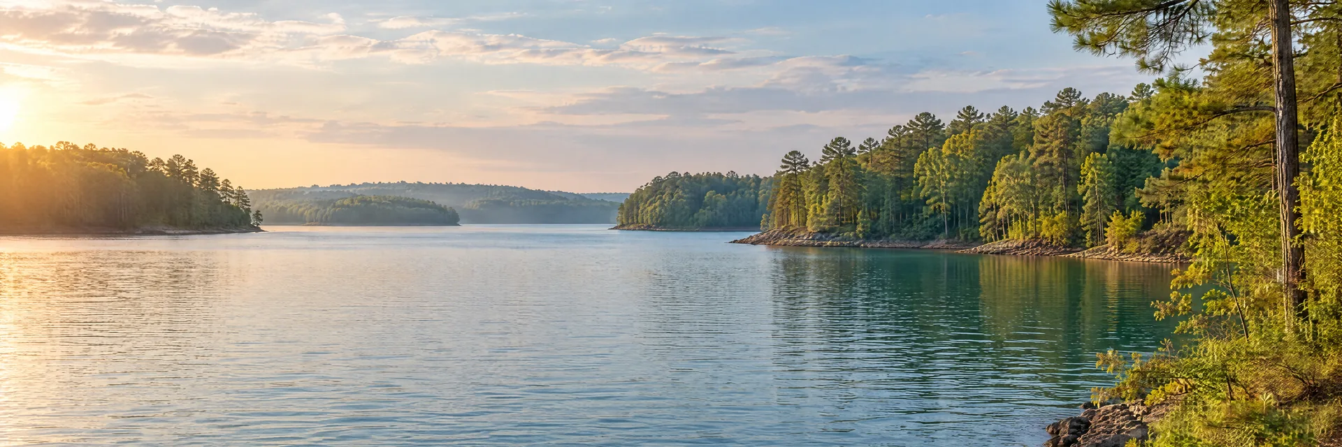 AI-generated illustration inspired by Kerr Lake: freshwater reservoir with gently rolling mixed hardwood and pine woodland, irregular coves, blue-green water.