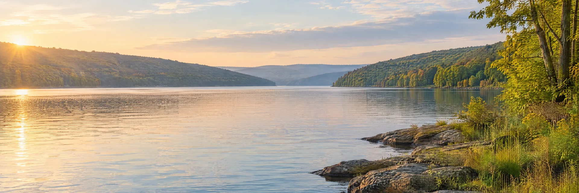 AI-generated illustration inspired by Keuka Lake: northeastern freshwater lake with rolling wooded hills, mixed deciduous forest, natural rocky and grassy banks.