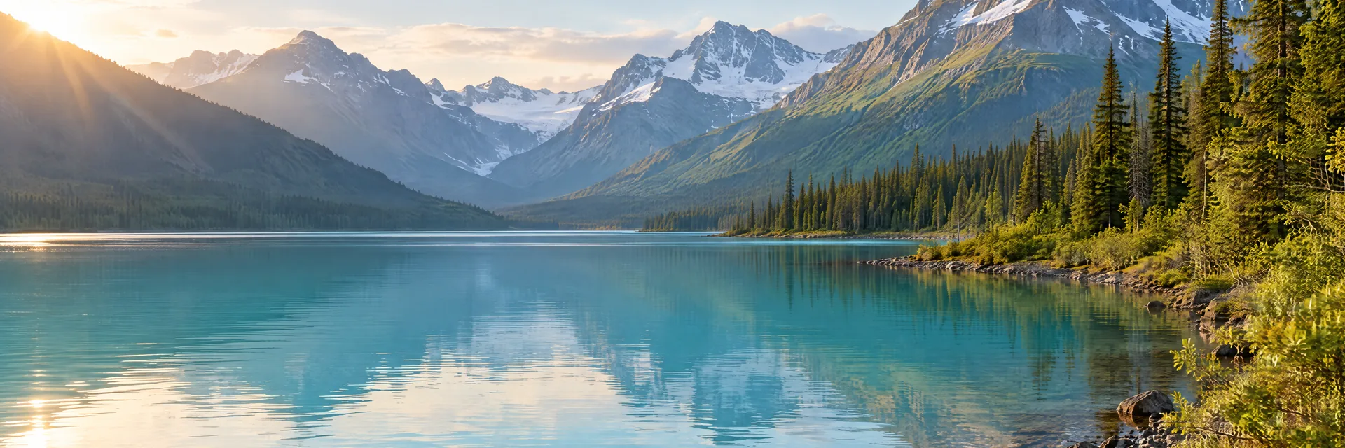 AI-generated illustration inspired by Klutina Lake: remote turquoise Alaskan lake, spruce forest and rugged mountain valley.