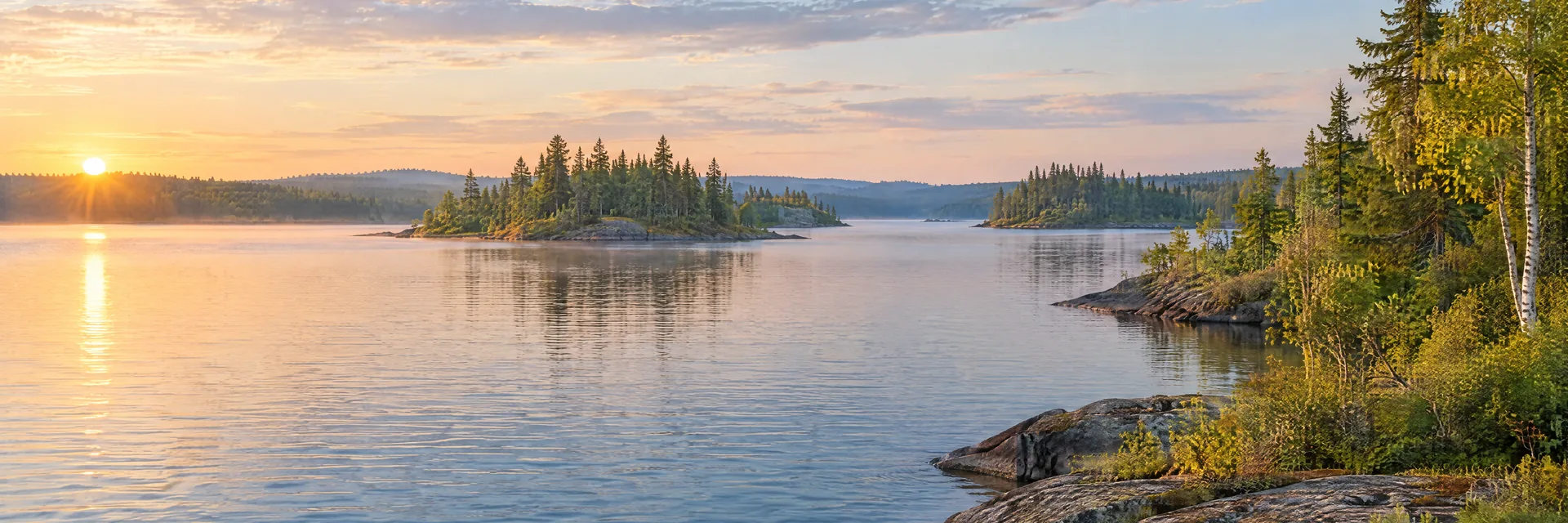 AI-generated illustration inspired by Lac La Croix: northern freshwater lake, low rocky shoreline with evergreen and birch forest, small wooded islands and gentle rolling terrain.