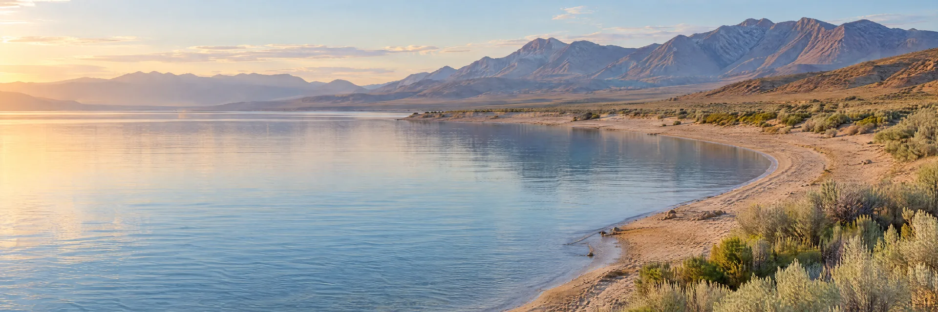 AI-generated illustration inspired by Lahontan Reservoir: Nevada desert reservoir, broad sandy banks, sagebrush and distant arid mountains.