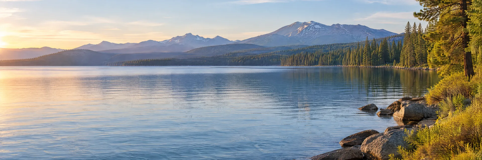 AI-generated illustration inspired by Lake Almanor: northern California lake, conifer shores and broad distant volcanic uplands.