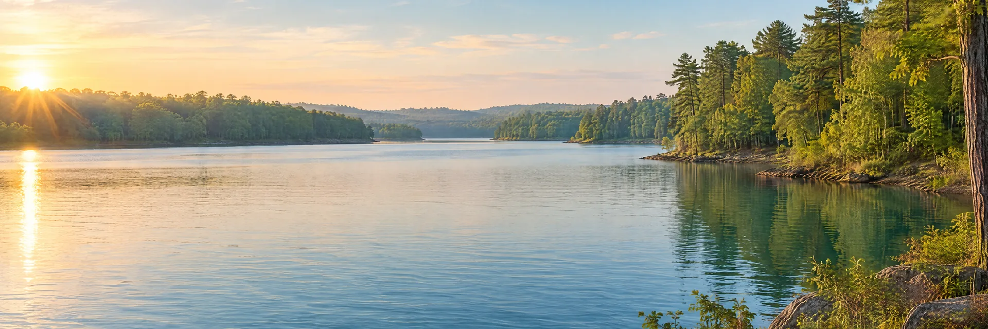 AI-generated illustration inspired by Lake Anna: freshwater reservoir with gently rolling mixed hardwood and pine woodland, irregular coves, blue-green water.