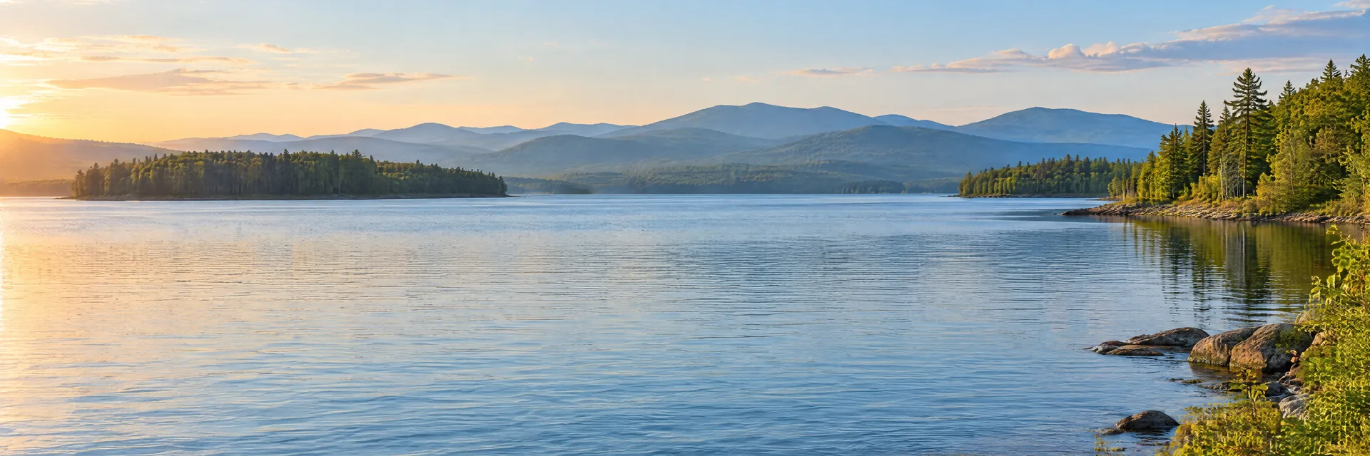 AI-generated illustration inspired by Lake Champlain: broad blue lake between low forested shores, distant rounded Adirondack mountain ridges.