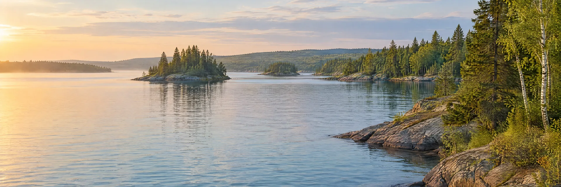 AI-generated illustration inspired by Lake Charlevoix: northern freshwater lake, low rocky shoreline with evergreen and birch forest, small wooded islands and gentle rolling terrain.
